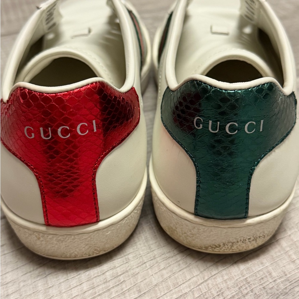 Gucci White Leather Sneakers with Red & Green Metallic Heel Tabs